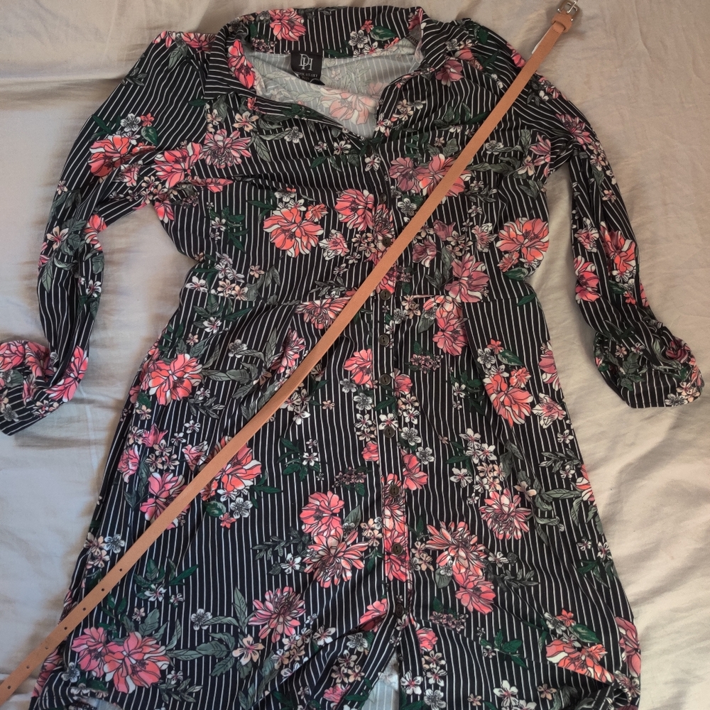 Striped floral long sleeve dress with belt